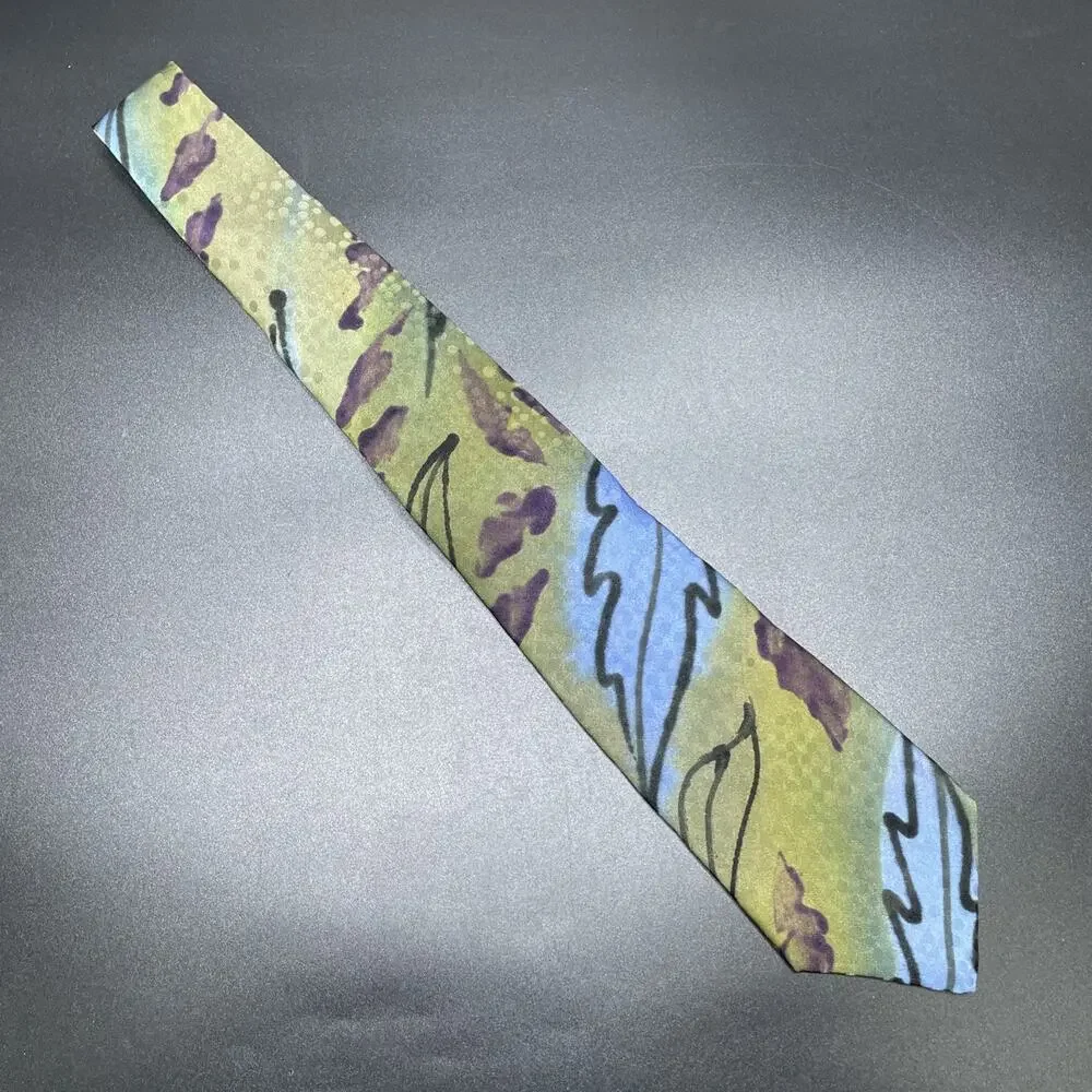 Vtg Marienbad Abstract Necktie Olive Blue Hand Paint Designer Tie 3.75